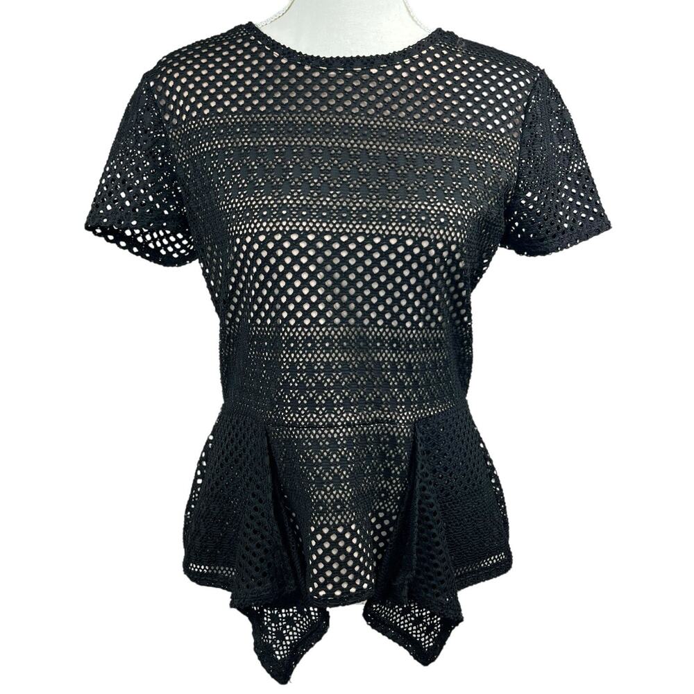 BCBG MaxAzria Vicktoria Black Lace Peplum Hem Top Shirt Size M Short Sleeve